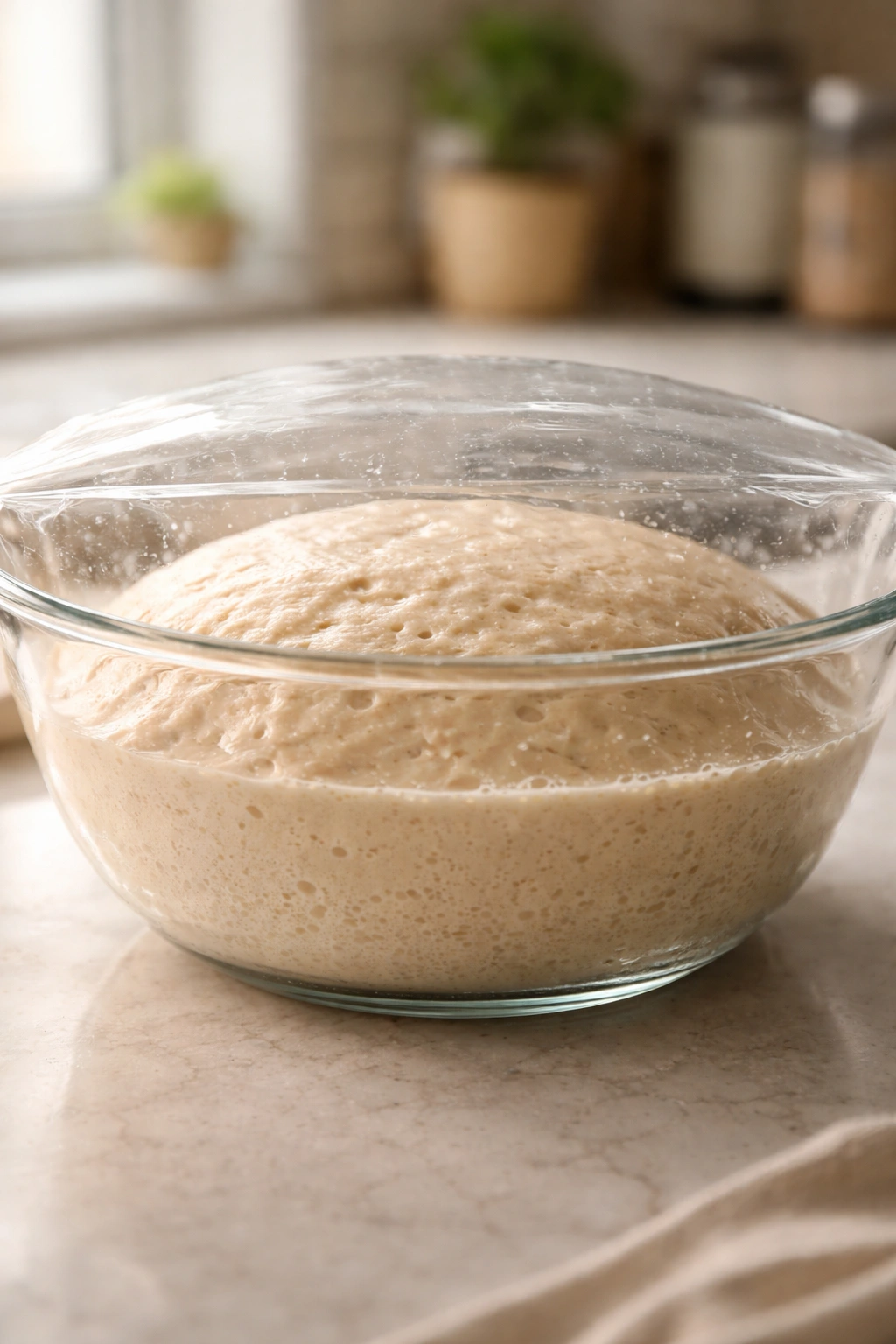 Dough fermenting in glass container with visible bubbles