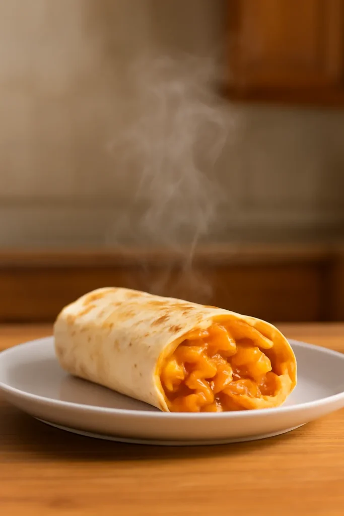 How To Make Taco Bell Chicken Burrito 13 Single chicken burrito on plate in warm kitchen light