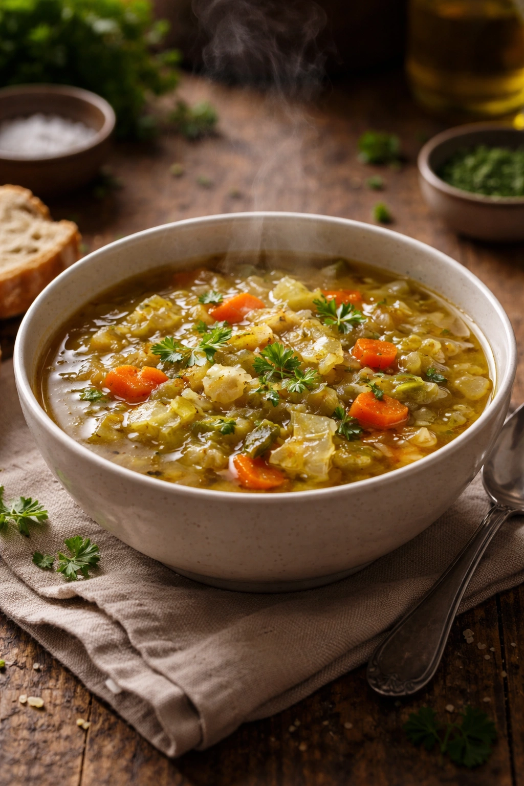 Close-up of a single bowl of cabbage soup on a rustic wooden table with steam