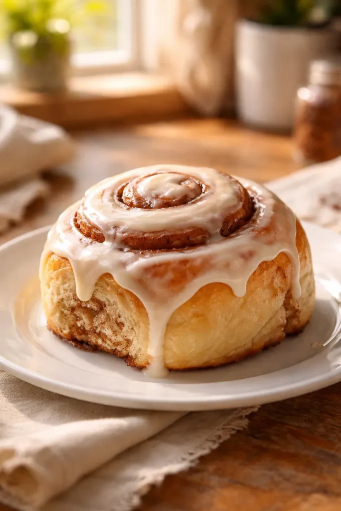 8 Cinnamon Roll Recipes Soft and Fluffy 13 Close-up of a single cinnamon roll on a plate in warm kitchen lighting