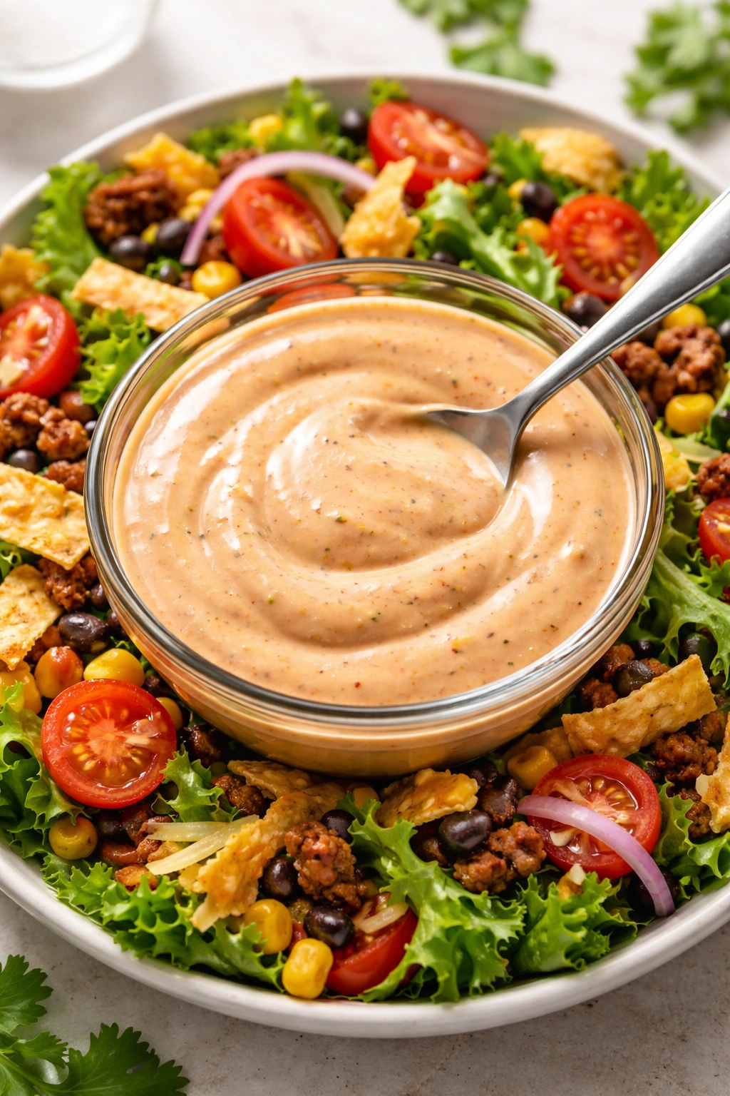 Close-up of creamy dressing on greens, glossy texture illustrating homemade flavor