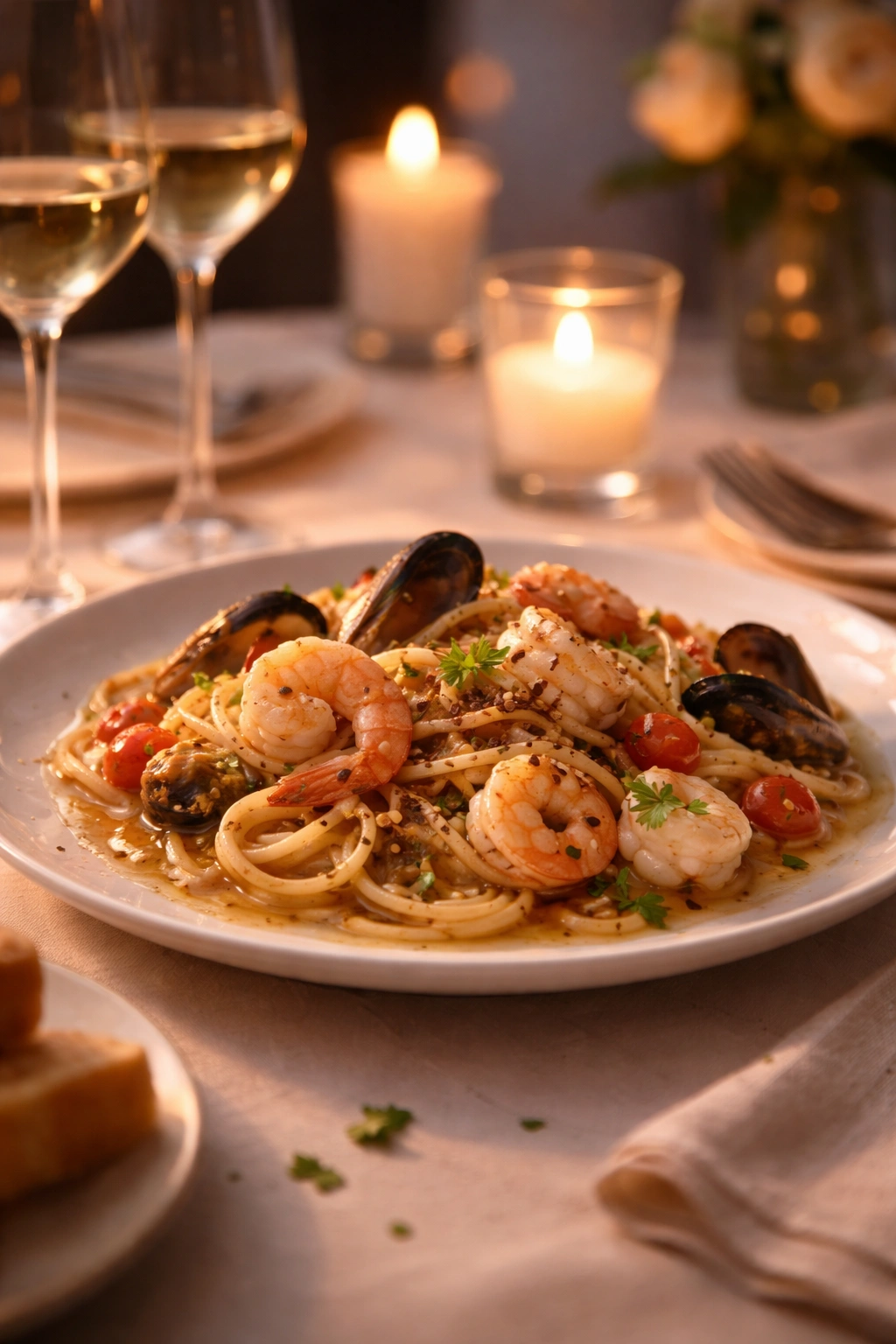 Finished seafood pasta on a plate under warm candlelight for date-night mood.