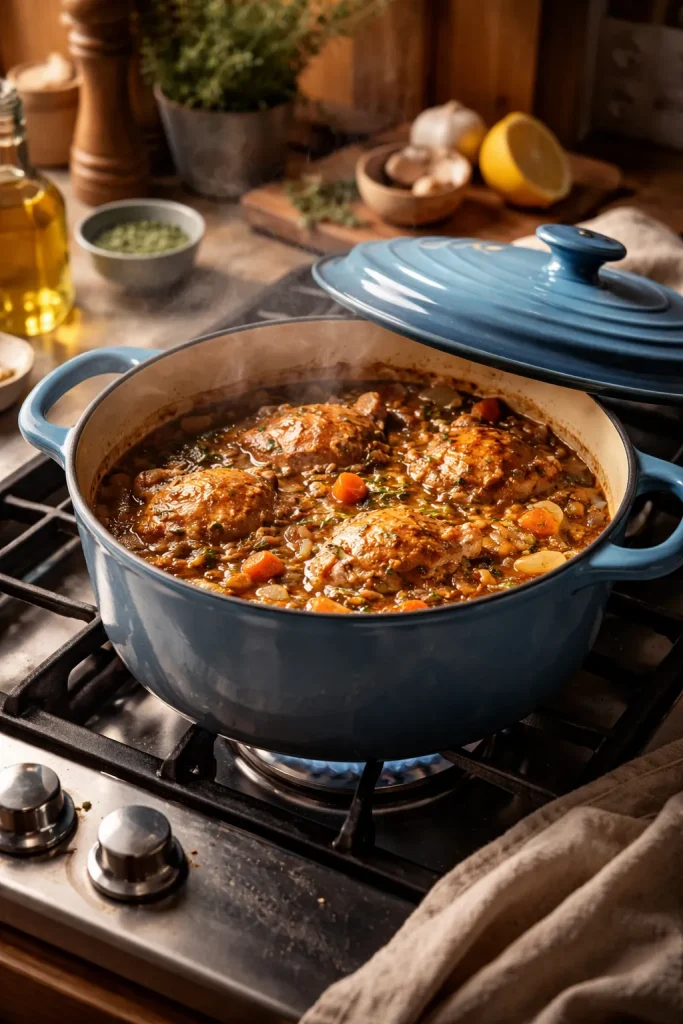 Dutch oven on stove with finished braised dish visible through lid