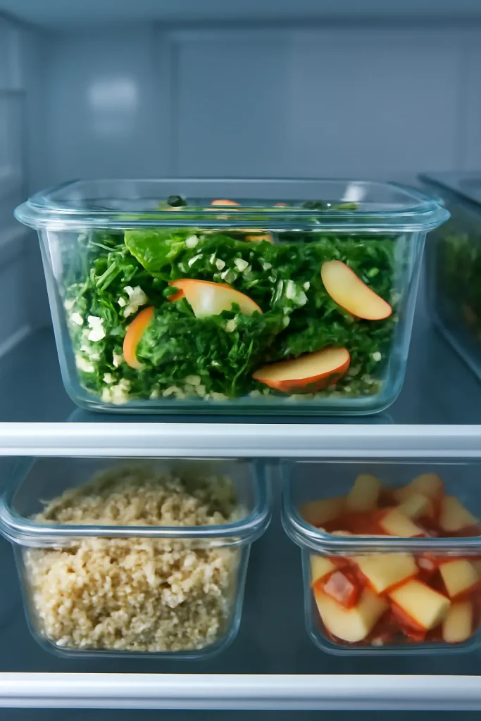 Fridge shelf with organized glass containers for meal prep