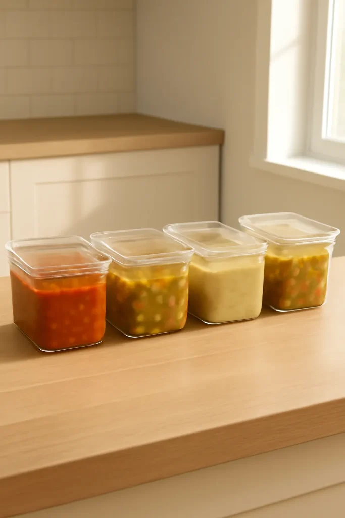 Minimalist kitchen counter with glass freezer-safe containers filled with soup in warm light