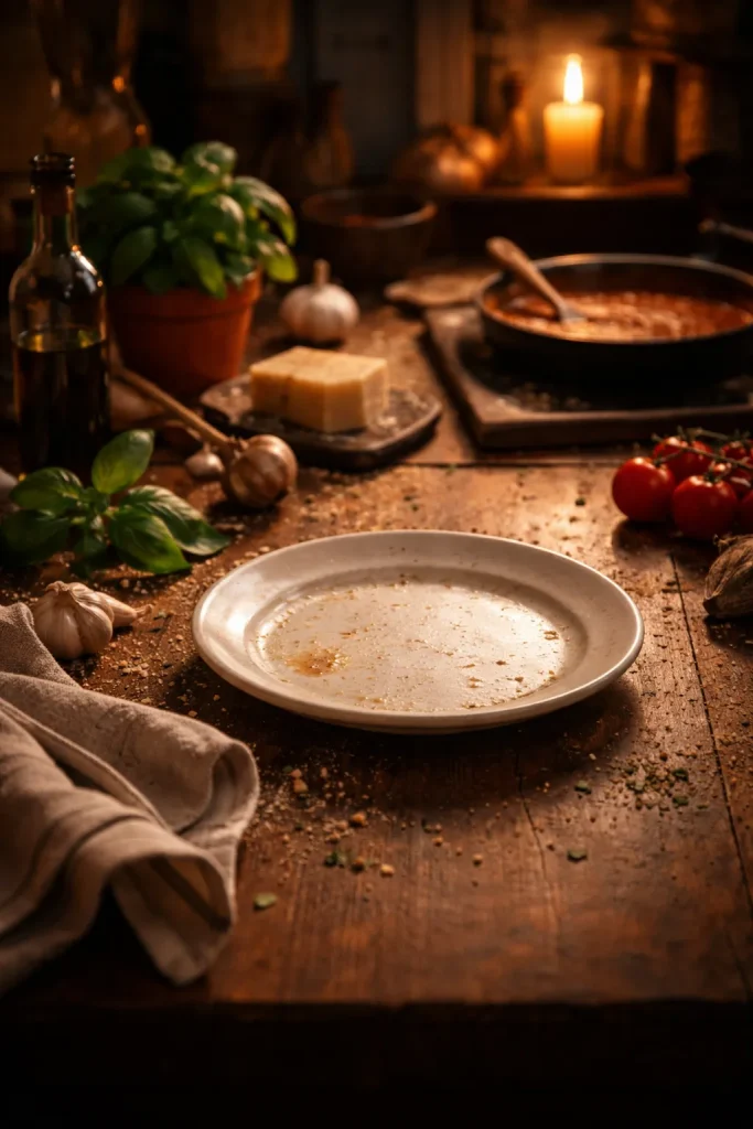 10 Italian Recipes Straight From Nonna 11 Warm kitchen scene suggesting reflection after cooking with empty plate