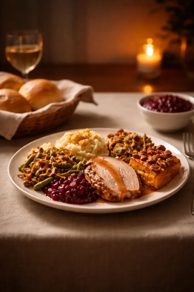 10 Thanksgiving Side Dishes Everyone Wants 12 Single plate on a warm-lit dining table
