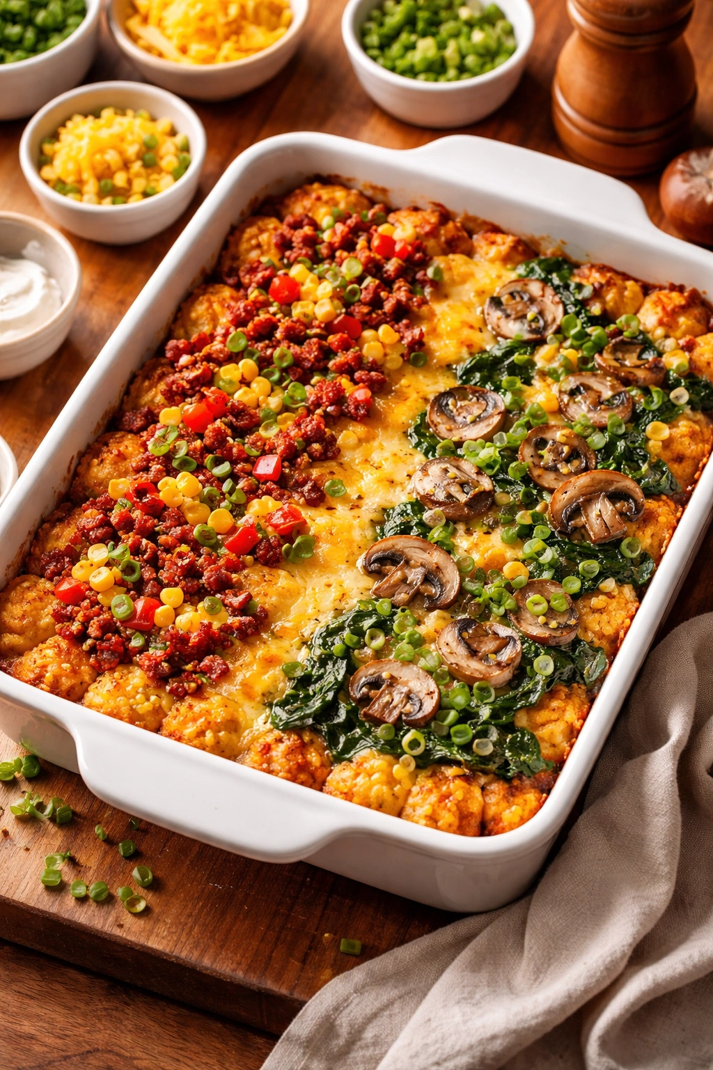 Casserole with two topping zones showing different flavor add-ins
