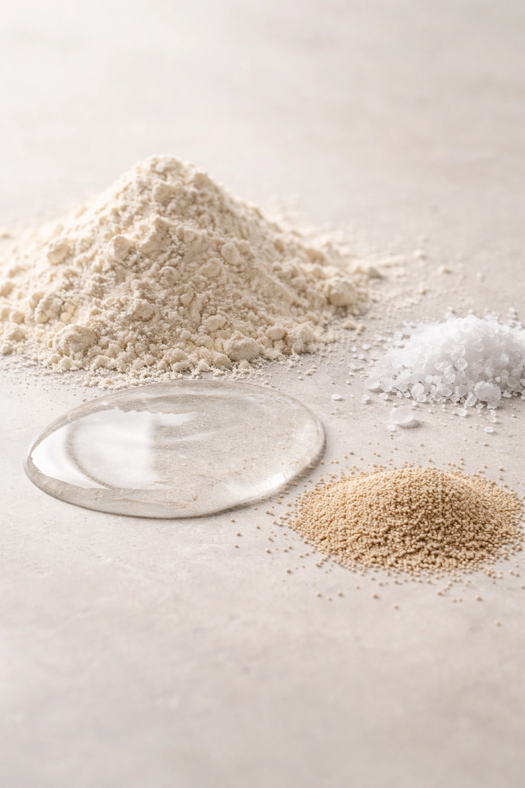 Macro still life of flour, water puddle, salt crystals, and yeast granules