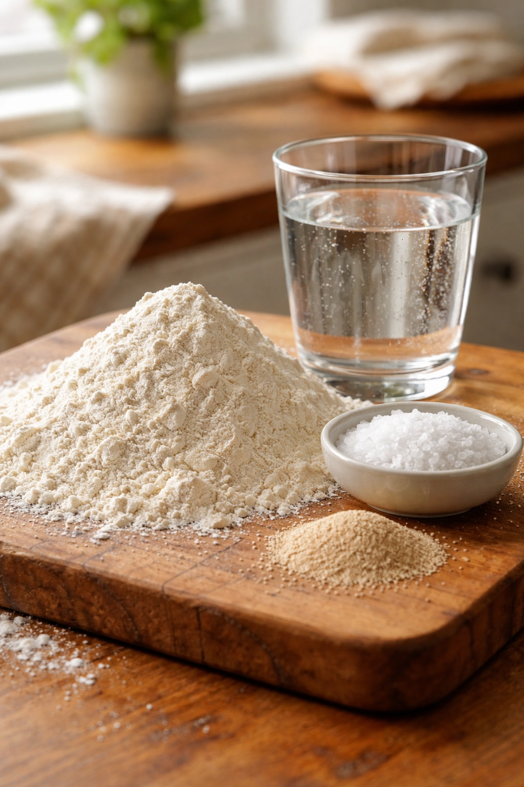 Flour, water, salt crystals, and yeast arranged on wooden board