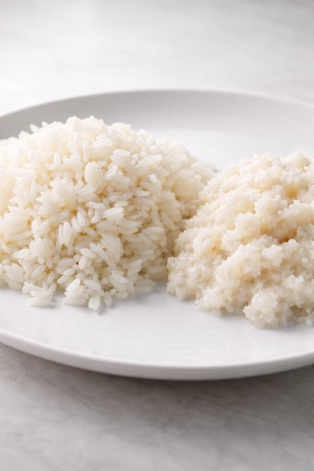 Close-up of fluffy rice grains contrasted with mushy clumps for texture.
