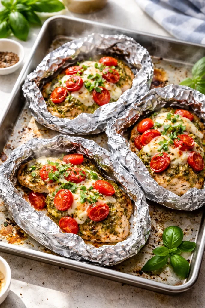 Three foil packets on a baking sheet ready for oven bake