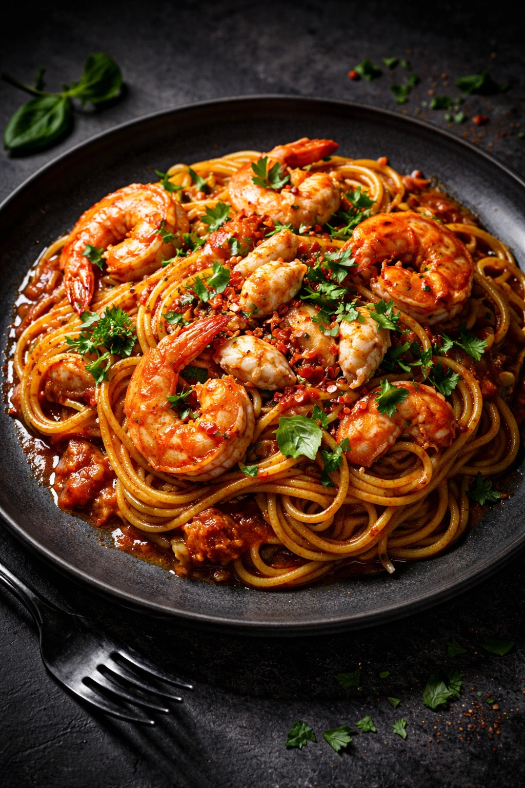 Crab and shrimp fra diavolo in spicy tomato sauce with basil on pasta.