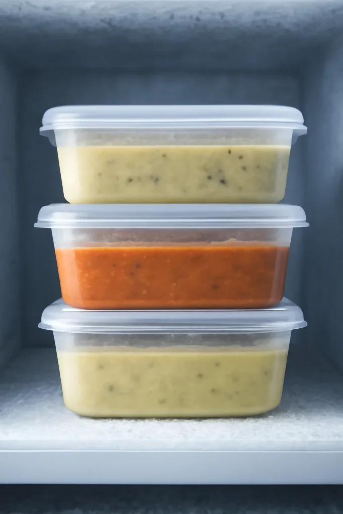 Frozen soups and casseroles in clear containers