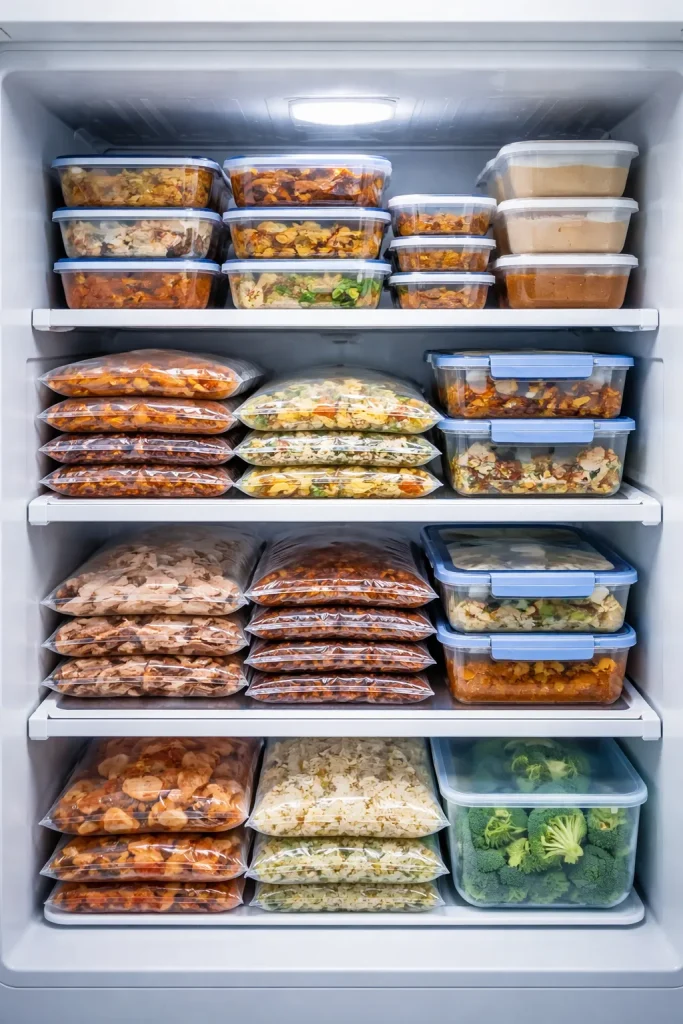 8 Freezer Meals to Cook Once and Eat Twice 11 Freezer interior with organized containers and bags for freezing and reheating meals