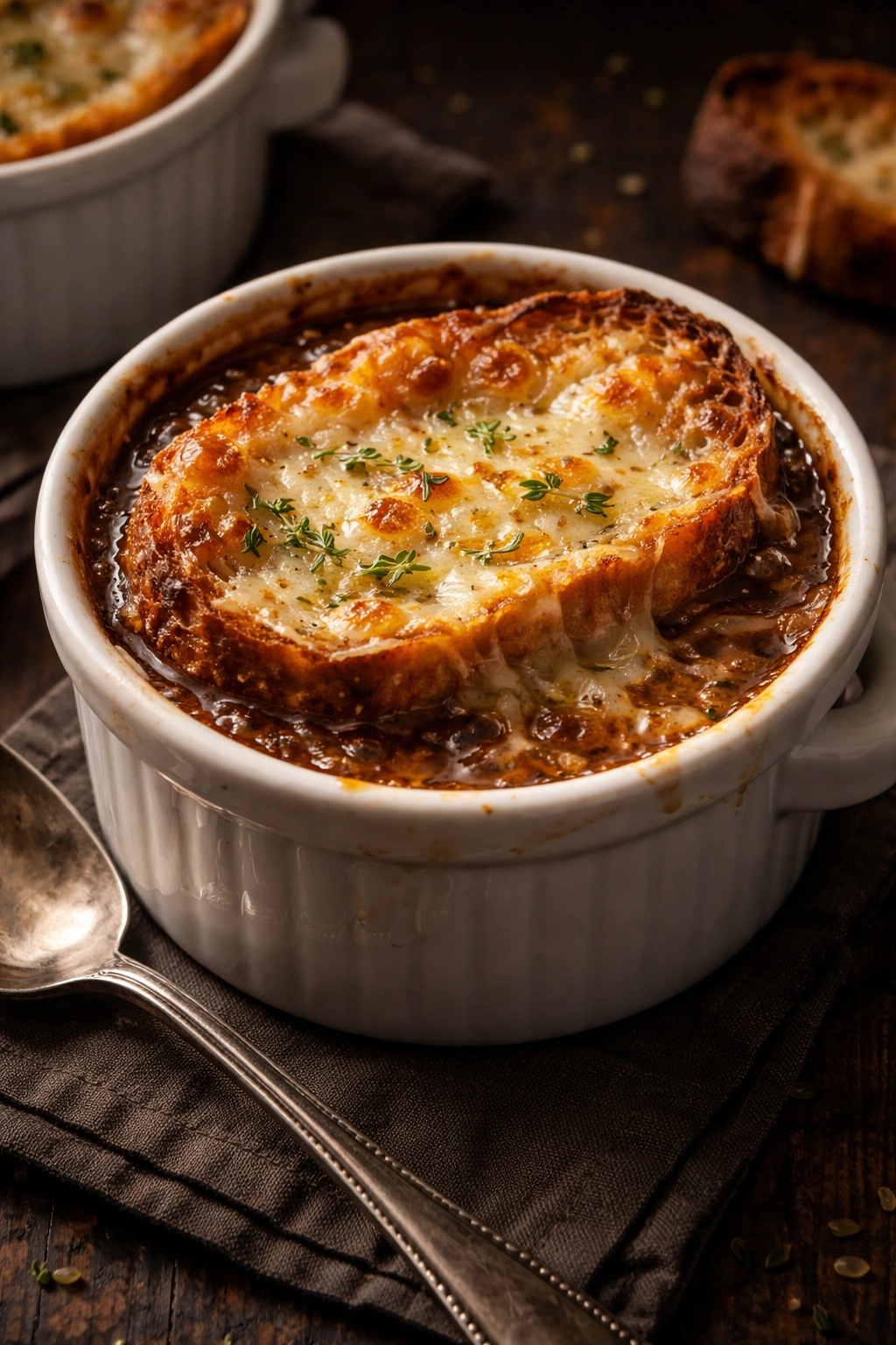 French onion soup in a ramekin with cheese and bread topping