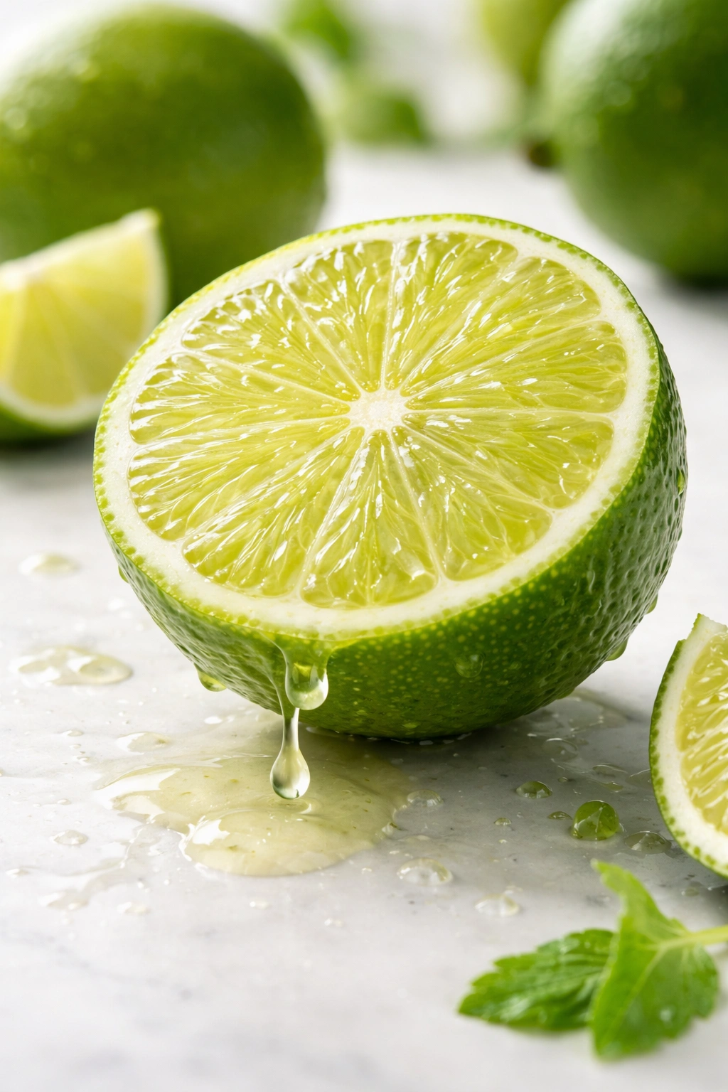 Halved lime with juice droplets on bright surface