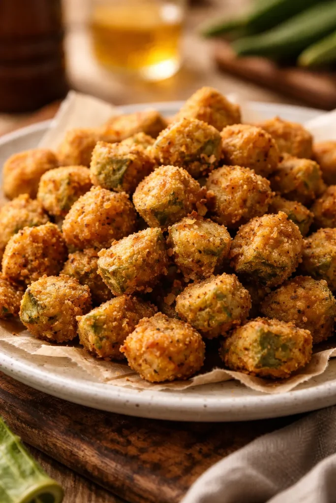 Close-up of crispy fried okra bites on a rustic plate, deep golden crust.