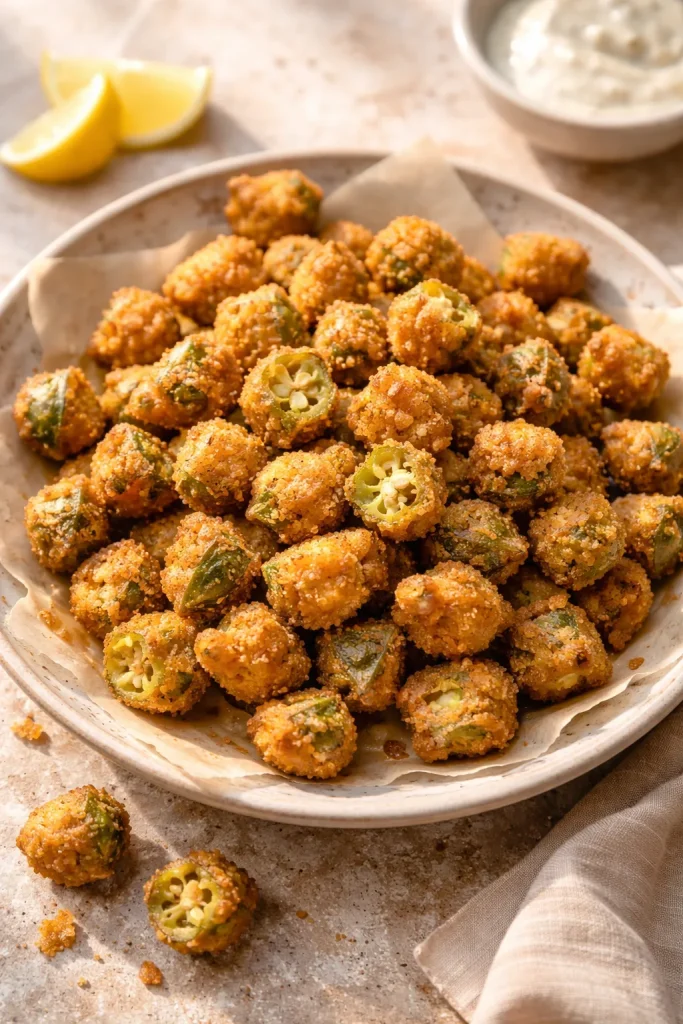 Plate of fried okra on neutral surface showing crisp crust