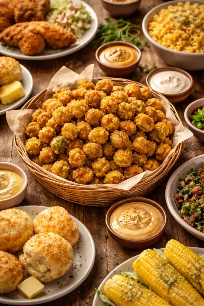 Fried okra plate with dipping sauces for serving ideas