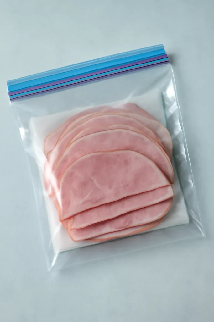 Ham slices layered in a freezer bag for freezing