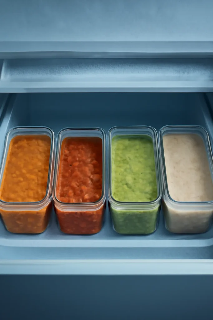Row of freezer containers with soups in a freezer drawer