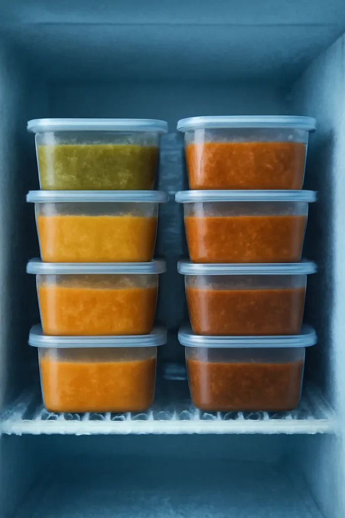 Close-up of frozen soup containers neatly stacked in a frost-filled freezer