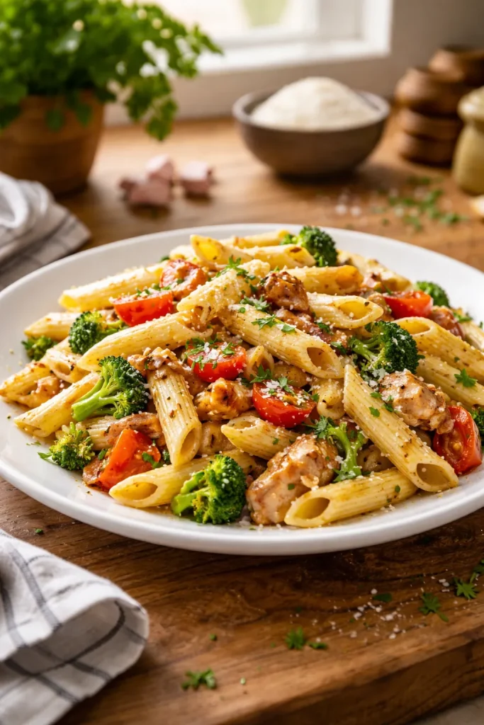 Close-up of garlic butter pasta on a plate with glossy sauce and garlic slices