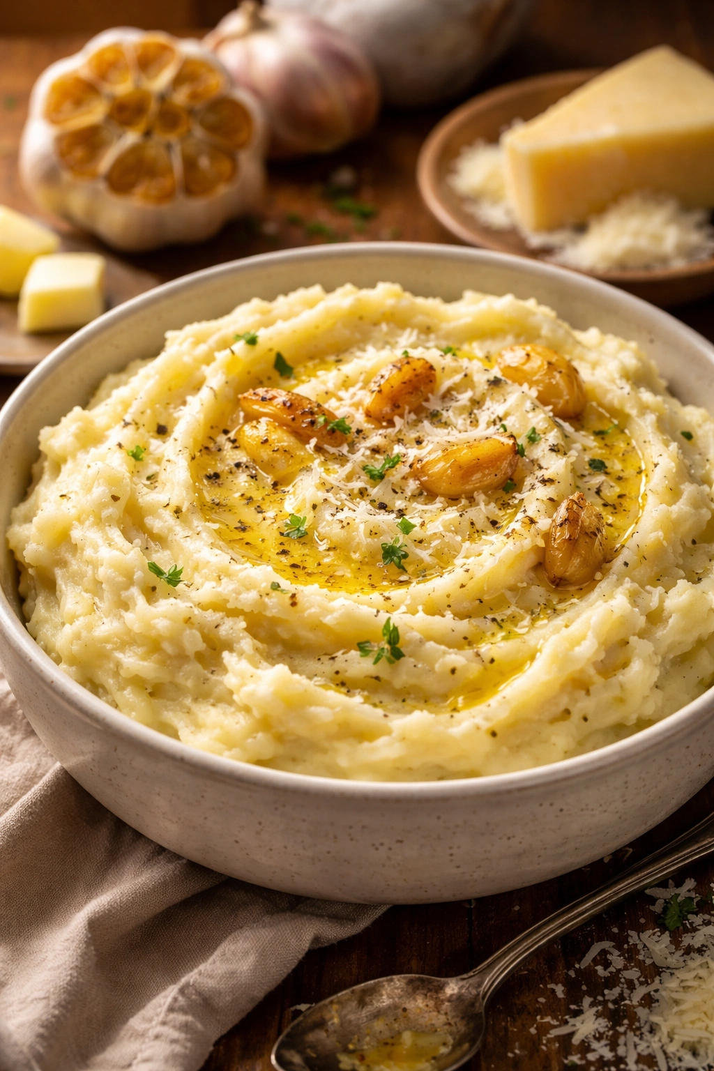 Creamy mashed potatoes with roasted garlic and parmesan.