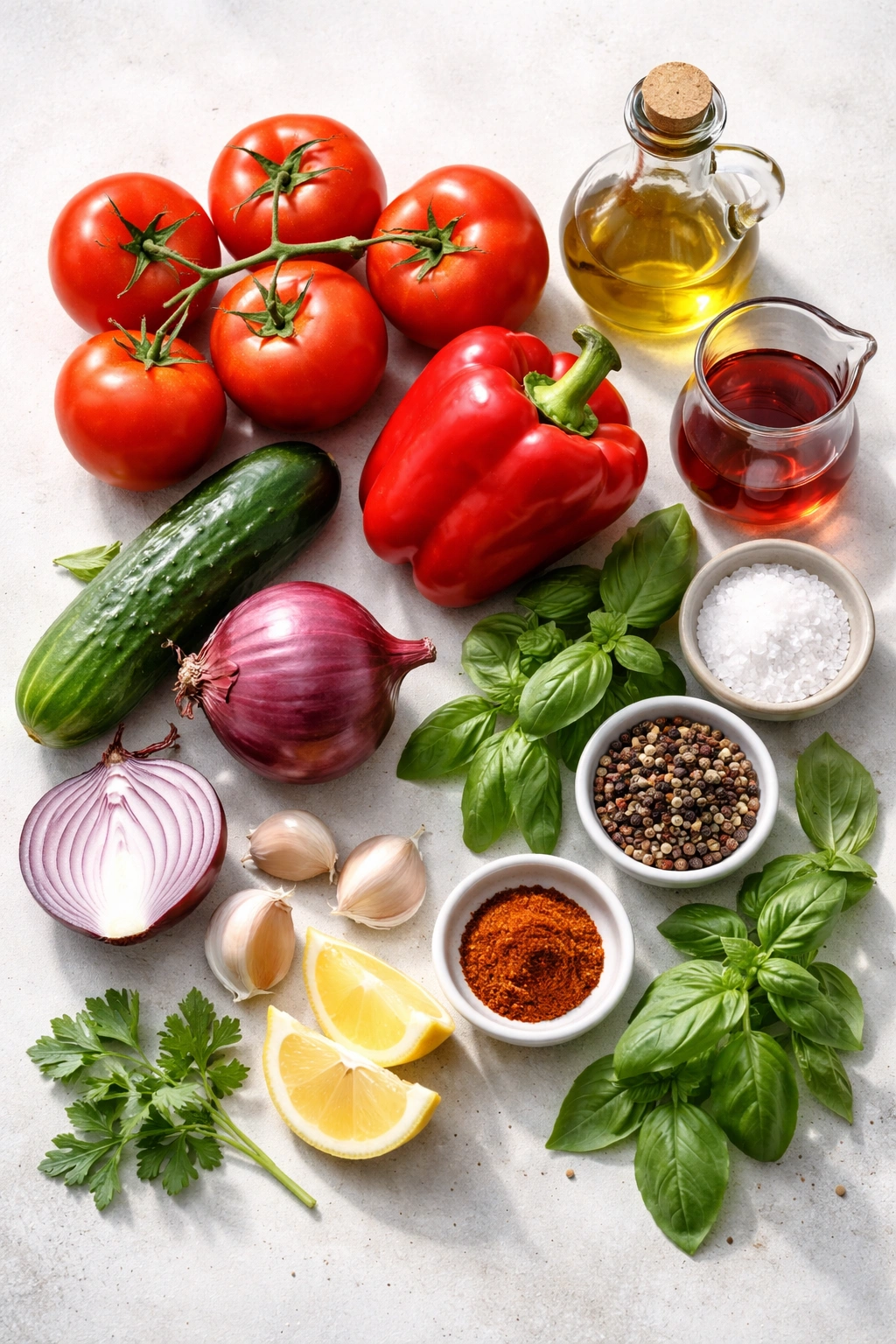 Gazpacho ingredients laid out on a surface