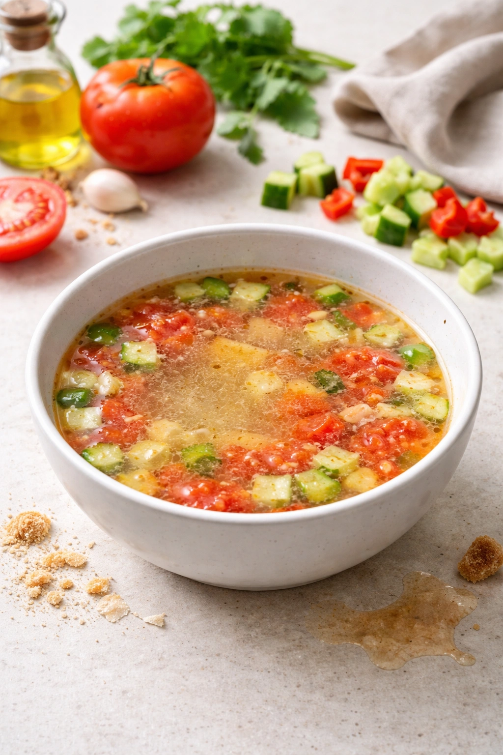 Watery gazpacho in a bowl showing separation