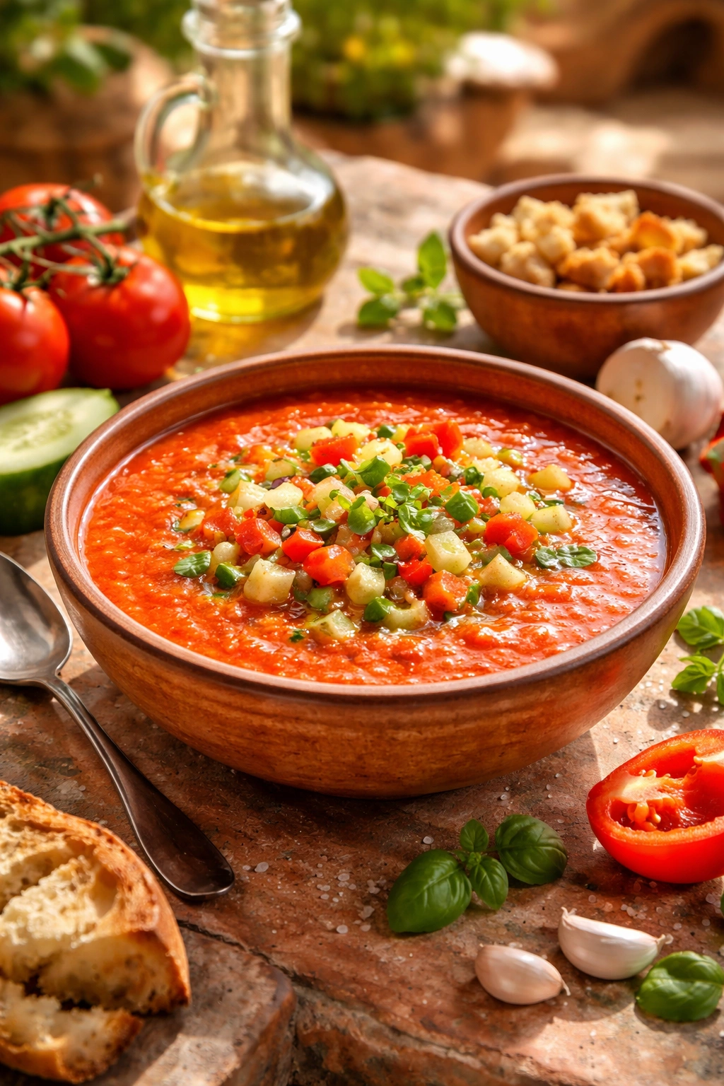 Gazpacho in rustic setting evocative of Andalusia origins
