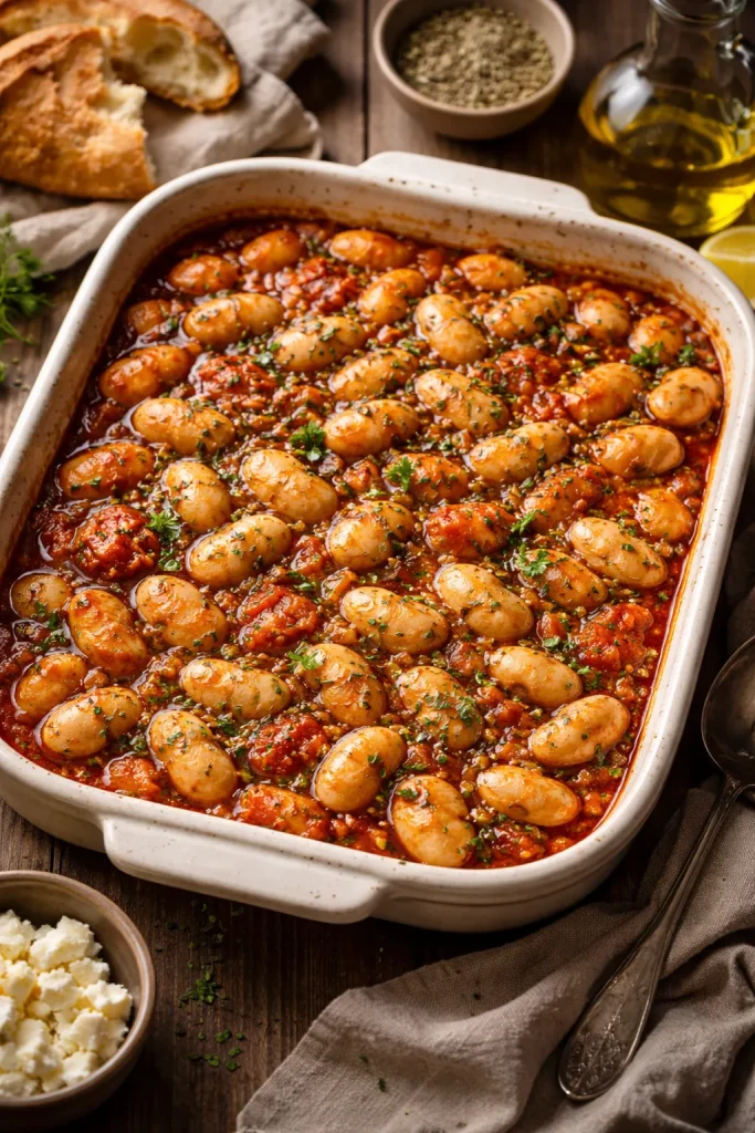 Baked gigantes plaki beans in tomato sauce in a baking dish