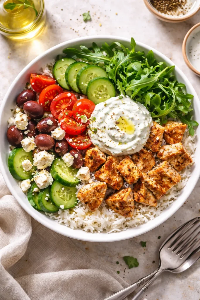 Greek bowl with rice, chicken, greens, cucumber, tomato, olives, feta, and tzatziki