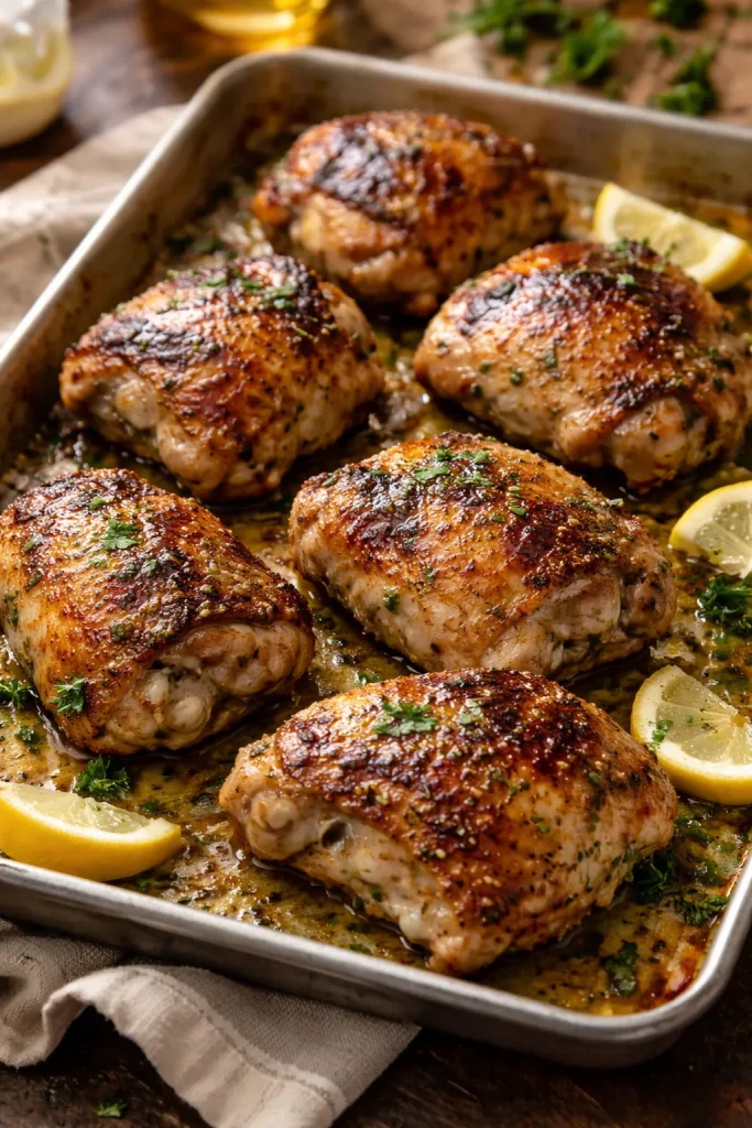Juicy marinated chicken thighs with crispy skin on a roasting tray