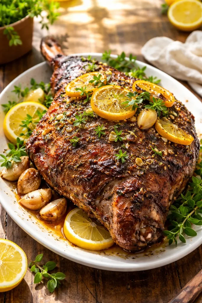Lamb leg roast with lemon slices and oregano