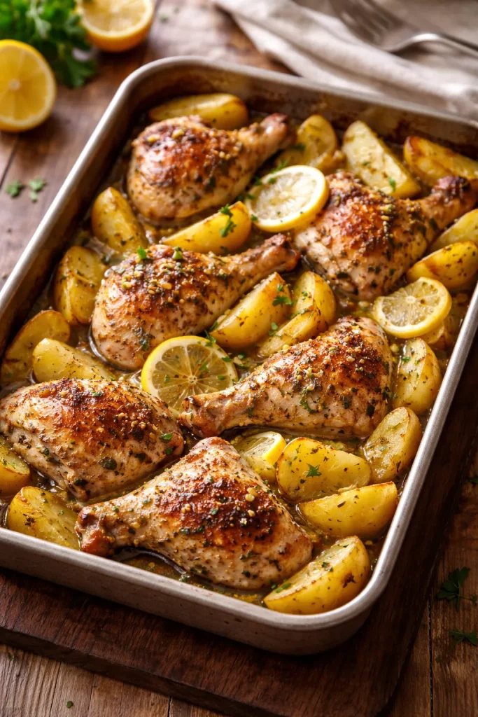 Bone-in chicken with potatoes roasting in lemon-olive oil, golden skin and caramelized edges
