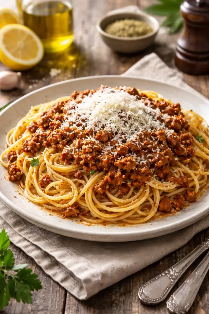 Plate of Greek spaghetti with meat sauce and mizithra cheese