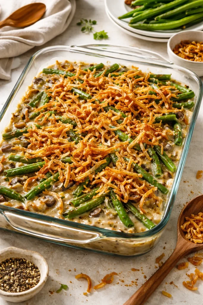 10 Thanksgiving Side Dishes Everyone Wants 4 From-scratch green bean casserole in a glass baking dish