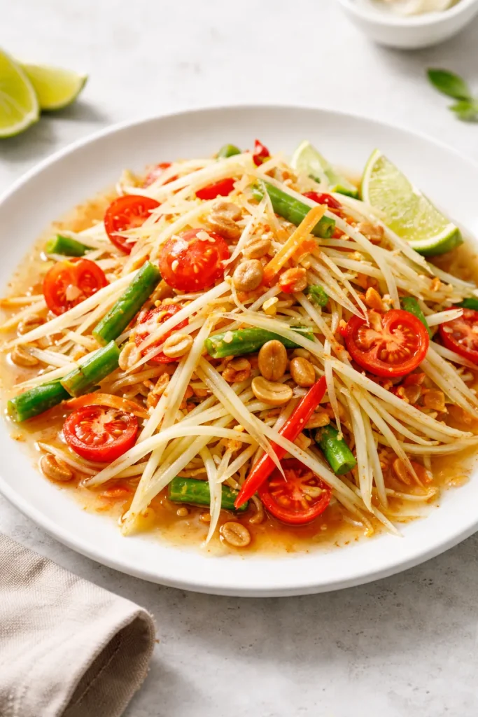 12 Thai Recipes You Can Make at Home 8 Crisp shredded green papaya somtum on white plate