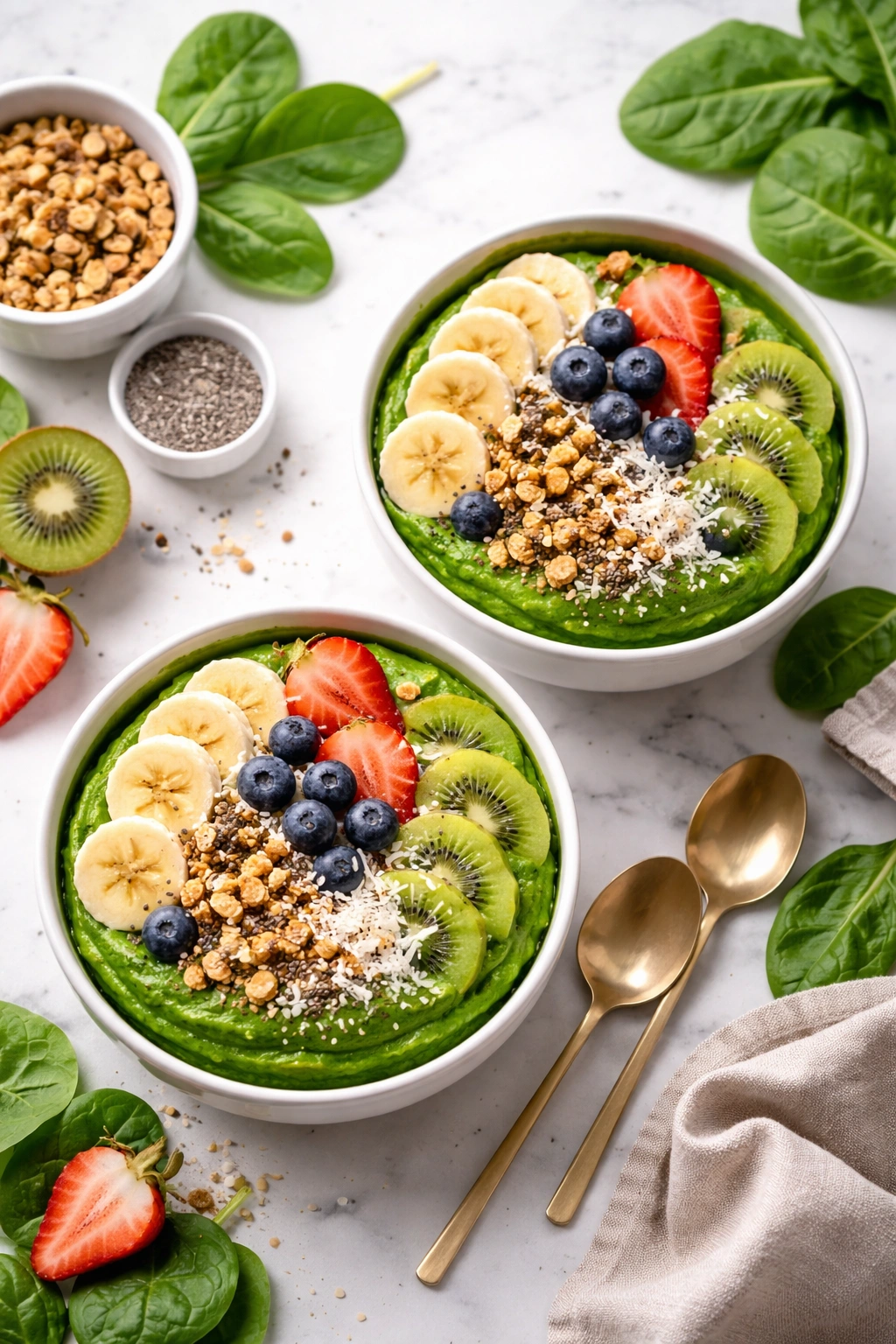 Two emerald green smoothie bowls with fruit and granola toppings
