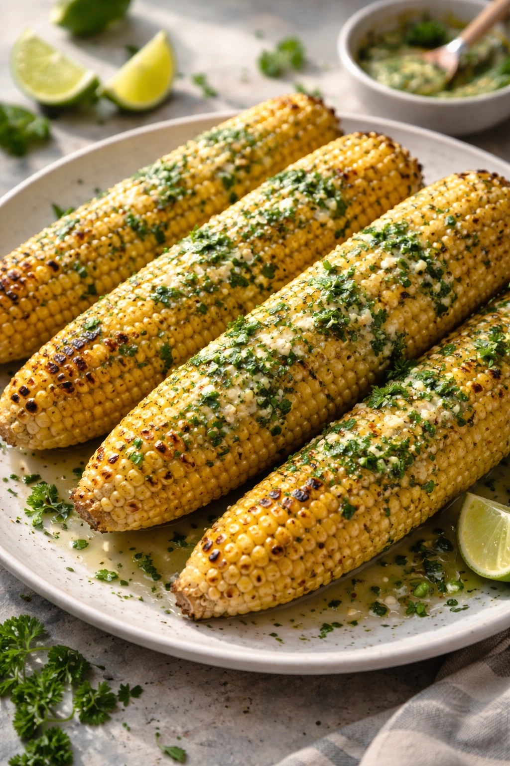 Grilled corn on the cob with herb butter