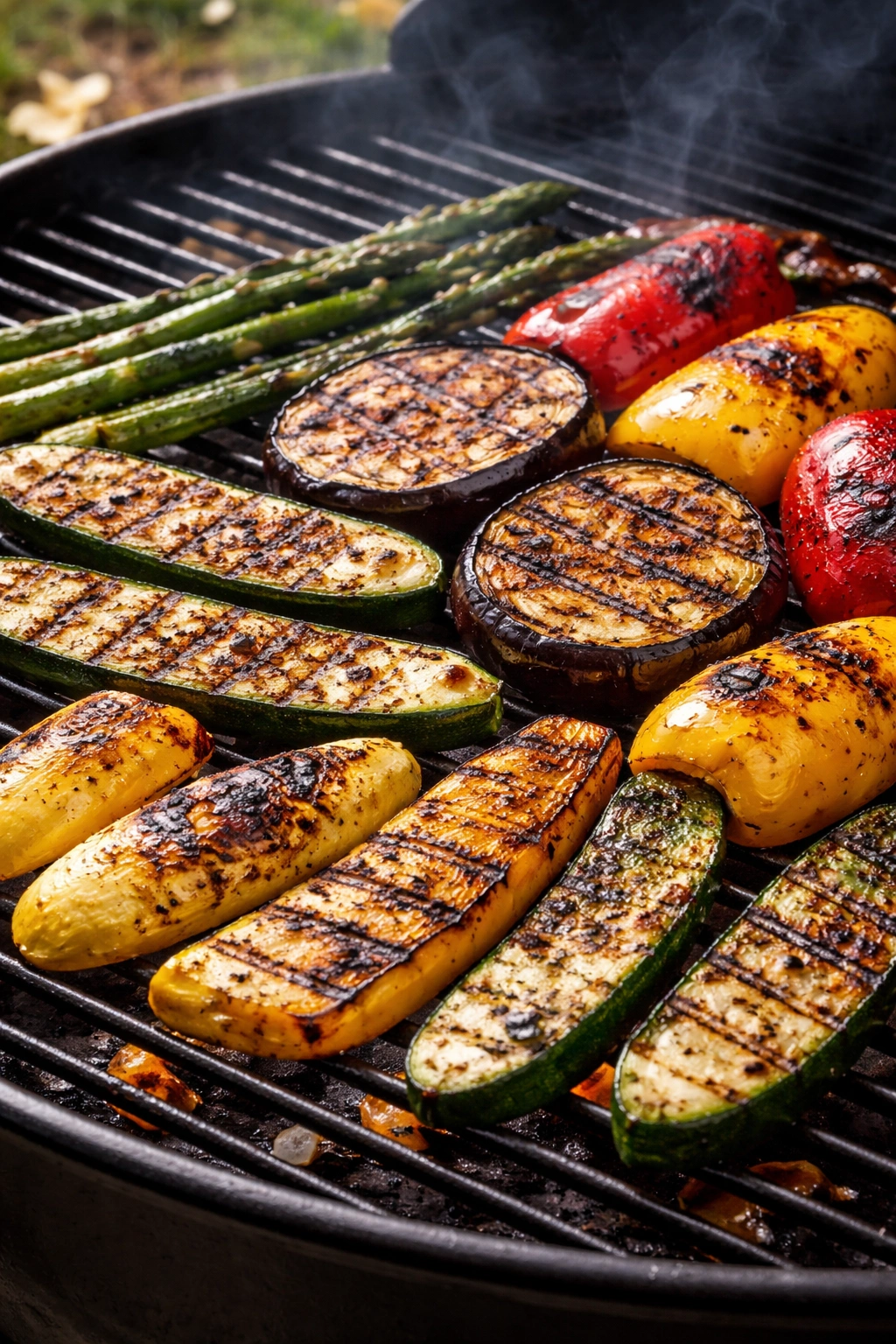 Grilled vegetables with charred edges on a grill featuring zucchini, peppers and eggplant.