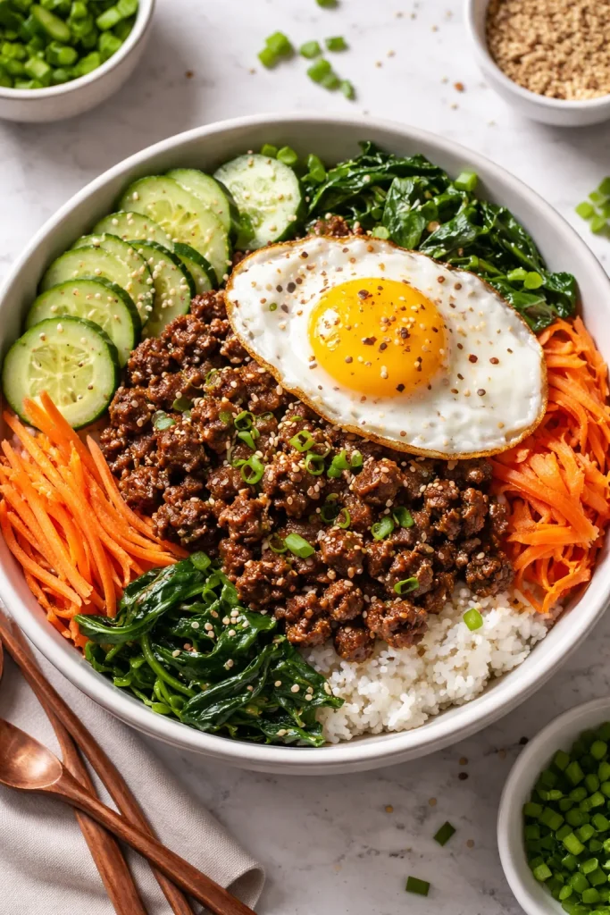 Ground beef bulgogi bibimbap bowl with chunky beef pieces