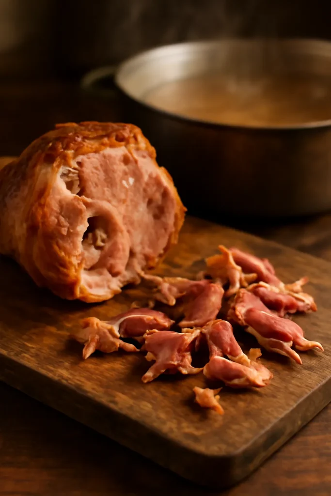 Close-up of ham bone with scraps on cutting board, ready for broth