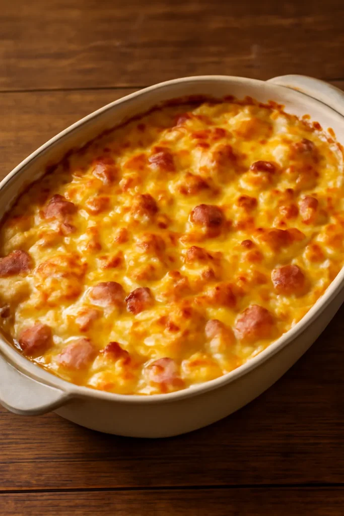 Creamy ham potato casserole baked to golden perfection in a ceramic dish