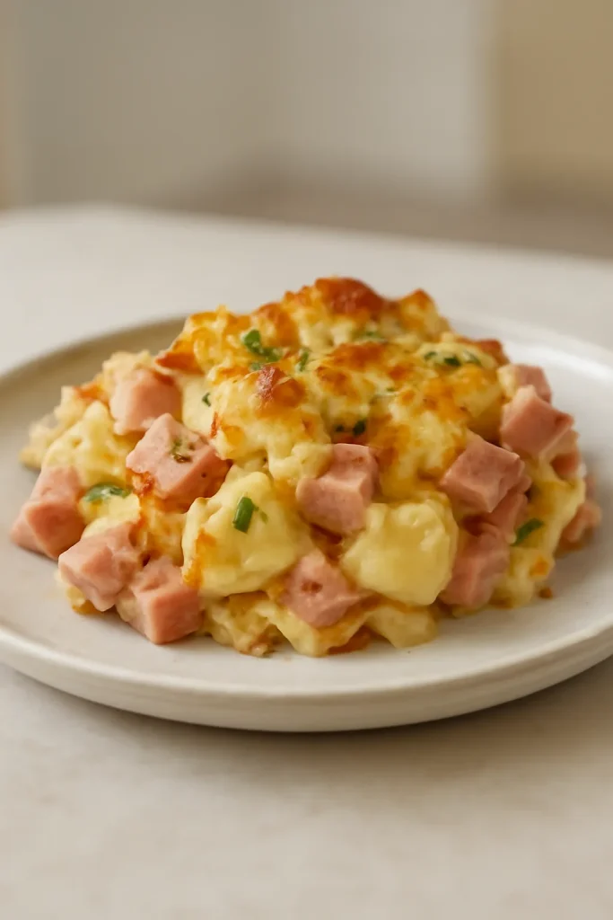 Plate of ham and potato casserole, illustrating leftovers transformed into comforting dish