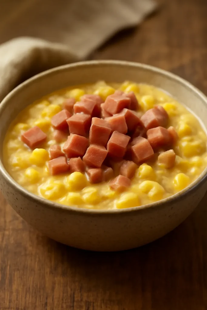Close-up of diced ham in creamy corn to show ham as a flavor boost