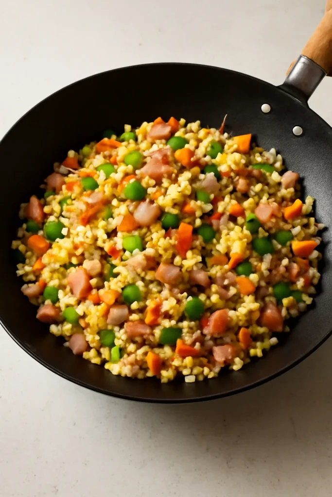 Ham fried rice with eggs and vegetables in a wok