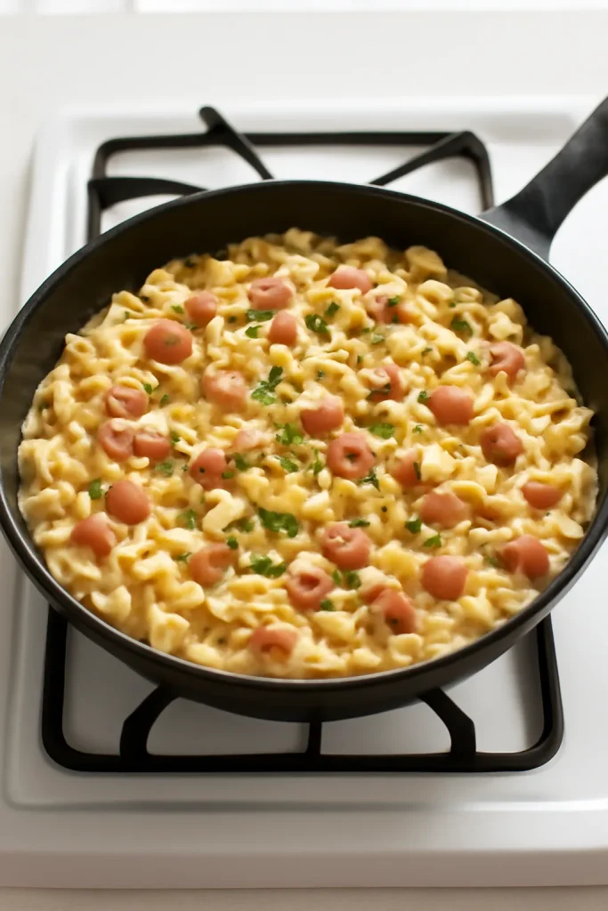 One-pan ham pasta with creamy sauce in a skillet